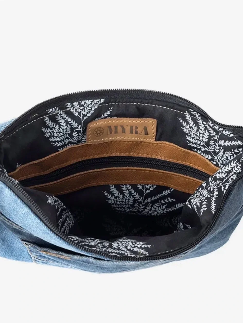 MYRA Denim Crossbody Bag with Tan Leather Accents